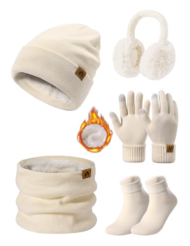 UMIPUBO Mütze Schal Handschuhe Damen Winter Set Wintermütze Fleece Gefütterte Beanie Loop Schlauchschal Wärmer Touchscreen Plüsch Ohrenwärmer Verdickte Ohrenschützer Socken-5 Stück Set，Beige von UMIPUBO