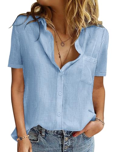 UMIPUBO Musselin Bluse Damen Sommer 100% Baumwolle Damenblusen Kurzarm Oberteile V-Ausschnitt Blusenshirt Hemdbluse Casual Shirts Leicht Sommerblusen Elegant Basic Knöpfen Tunika Tops (Blau, L) von UMIPUBO