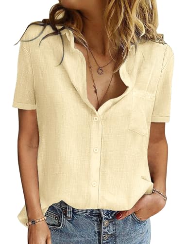 UMIPUBO Musselin Bluse Damen Sommer 100% Baumwolle Damenblusen Kurzarm Oberteile V-Ausschnitt Blusenshirt Hemdbluse Casual Shirts Leicht Sommerblusen Elegant Basic Knöpfen Tunika Tops (Gelb, XL) von UMIPUBO
