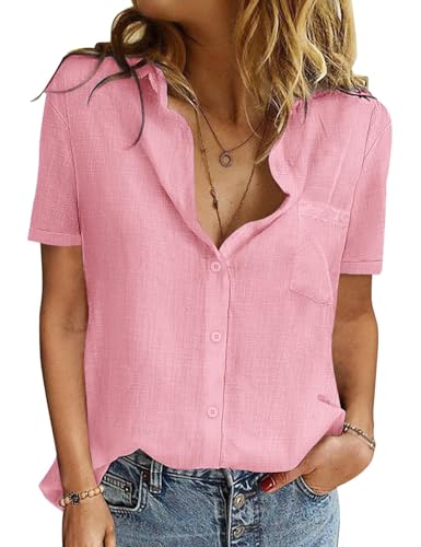 UMIPUBO Musselin Bluse Damen Sommer 100% Baumwolle Damenblusen Kurzarm Oberteile V-Ausschnitt Blusenshirt Hemdbluse Casual Shirts Leicht Sommerblusen Elegant Basic Knöpfen Tunika Tops (Rosa, XL) von UMIPUBO