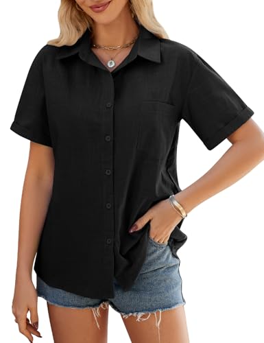 UMIPUBO Musselin Bluse Damen Sommer 100% Baumwolle Damenblusen Kurzarm Oberteile V-Ausschnitt Blusenshirt Hemdbluse Casual Shirts Leicht Sommerblusen Elegant Basic Knöpfen Tunika Tops (Schwarz, XL) von UMIPUBO