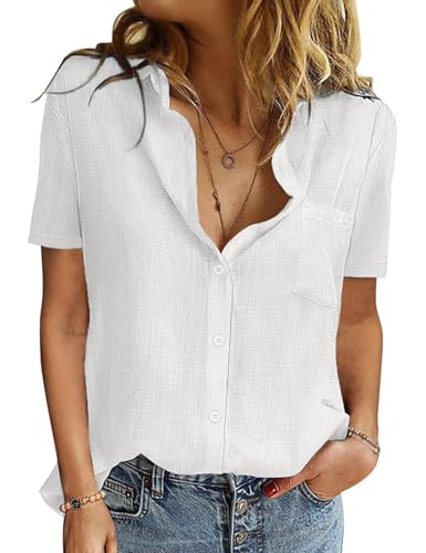UMIPUBO Musselin Bluse Damen Sommer 100% Baumwolle Damenblusen Kurzarm Oberteile V-Ausschnitt Blusenshirt Hemdbluse Casual Shirts Leicht Sommerblusen Elegant Basic Knöpfen Tunika Tops (Weiß, M) von UMIPUBO