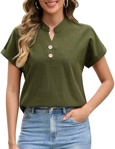 UMIPUBO Musselin Bluse Damen Sommer Baumwolle Blusenshirt V-Ausschnitt Kurzarm Oberteile mit Button Leinen Basic T Shirts Frauen Tunika Hemdbluse Casual Tops Lässige Locker (Grün, XL) von UMIPUBO
