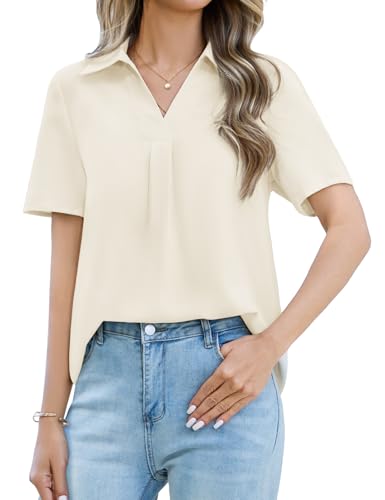 UMIPUBO Musselin Bluse Damen Sommer V-Ausschnitt Polokragen Kurzarm Blusen mit Falten Elegant Tunika Oberteile Casual Lose Hemdbluse Basic Leicht Sommerbluse Business Shirt Tops Arbeit (Beige, L) von UMIPUBO