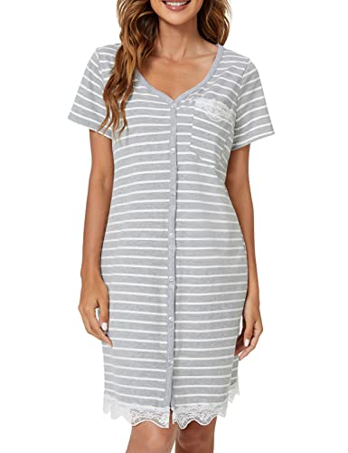 UMIPUBO Nachthemd Damen Kurzarm Baumwolle, V Ausschnitt Nachthemd Umstandspyjamas mit Durchgehender Knopfleiste, Spitzenkante Sleepshirt (Grau-A,L) von UMIPUBO