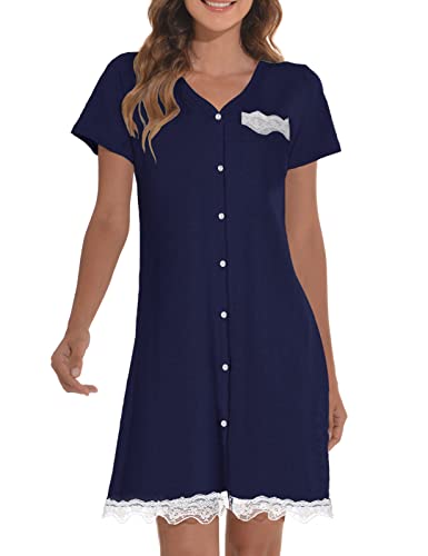 UMIPUBO Nachthemd Damen Kurzarm Baumwolle, V Ausschnitt Nachthemd Umstandspyjamas mit Durchgehender Knopfleiste, Spitzenkante Sleepshirt (Marine,XL) von UMIPUBO