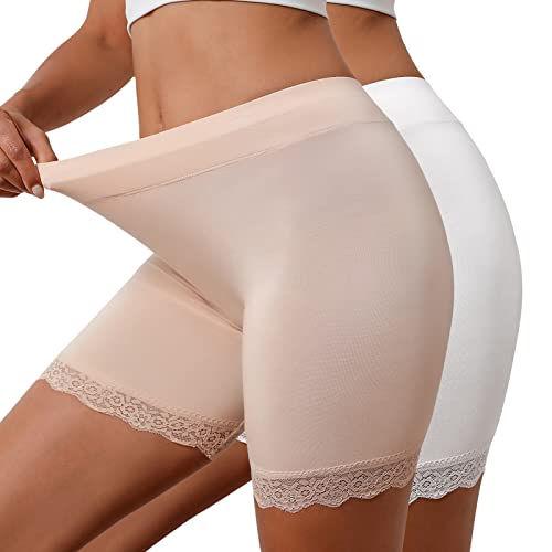 UMIPUBO Nahtlose Unterhose Damen Panties High Waist Spitze Boxershorts Leggings Anti Chafing Shorts Radlerhose für Unter Röcken und Kleidern (Beige+weiß,L) von UMIPUBO