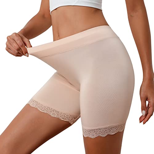 UMIPUBO Nahtlose Unterhose Damen Panties High Waist Spitze Boxershorts Leggings Anti Chafing Shorts Radlerhose für Unter Röcken und Kleidern (Beige,M) von UMIPUBO