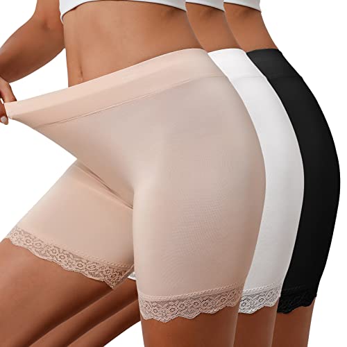 UMIPUBO Nahtlose Unterhose Damen Panties High Waist Spitze Boxershorts Leggings Anti Chafing Shorts Radlerhose für Unter Röcken und Kleidern (Schwarz+Beige+ Weiß,L) von UMIPUBO