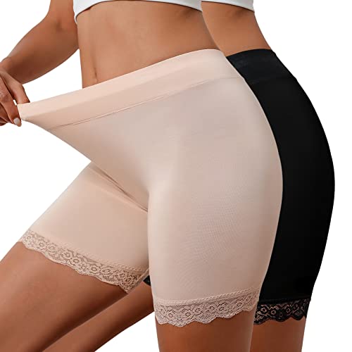 UMIPUBO Nahtlose Unterhose Damen Panties High Waist Spitze Boxershorts Leggings Anti Chafing Shorts Radlerhose für Unter Röcken und Kleidern (Schwarz+Beige,L) von UMIPUBO