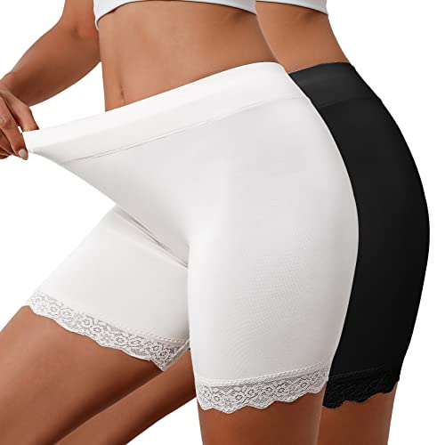 UMIPUBO Nahtlose Unterhose Damen Panties High Waist Spitze Boxershorts Leggings Anti Chafing Shorts Radlerhose für Unter Röcken und Kleidern (Schwarz+weiß,L) von UMIPUBO