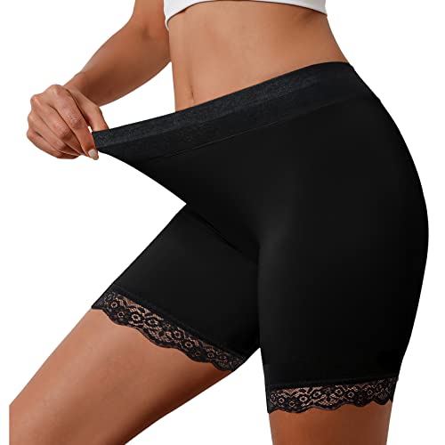 UMIPUBO Nahtlose Unterhose Damen Panties High Waist Spitze Boxershorts Leggings Anti Chafing Shorts Radlerhose für Unter Röcken und Kleidern (Schwarz,L) von UMIPUBO