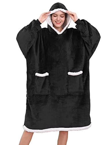 UMIPUBO Oversized Hoodie Decke Sweatshirt Blanket TV Decke Kapuzenpullover Kombination aus Flausch-Pullover und Kuscheldecke mit Großer Fronttasche für Männer Frauen (Schwarz) von UMIPUBO