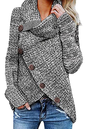 UMIPUBO Pullover Damen Lose Rollkragenpullover Langarm Strickpullover Winter Warm Pullover Asymmetrische Pullover mit Knöpfen S-XL(Grau,M) von UMIPUBO