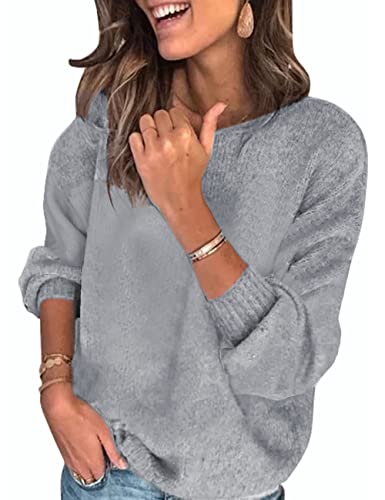 UMIPUBO Pullover für Damen Casual Stricken Sweater Lange Ärmel Lose Pulloveroberteil Farbblock Gestrickt Sweatshirt Herbst Winter Outwear für Frauen Rundhals Pullover(Solide Grau,M) von UMIPUBO