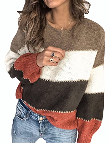 UMIPUBO Pullover für Damen Casual Stricken Sweater Lange Ärmel Lose Pulloveroberteil Farbblock Gestrickt Sweatshirt Herbst Winter Outwear für Frauen Rundhals Pullover (Khaki,L) von UMIPUBO