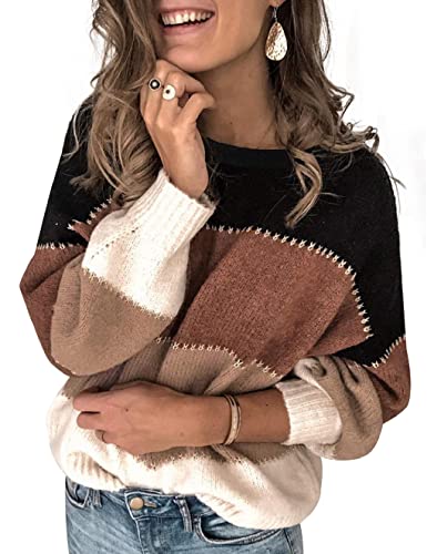 UMIPUBO Pullover für Damen Casual Stricken Sweater Lange Ärmel Lose Pulloveroberteil Farbblock Gestrickt Sweatshirt Herbst Winter Outwear für Frauen Rundhals Pullover (Schwarz,M) von UMIPUBO