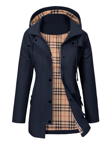 UMIPUBO Regenjacke Damen Poncho Windbreaker Wasserdicht Outdoorjacke Windjacke Atmungsaktiv Lange Regenmantel mit Kapuze Wanderjacke Fahrradjacke Wandern Bergsteigen (Marineblau, XXL) von UMIPUBO