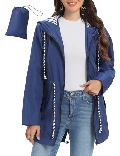 UMIPUBO Regenjacke Damen Wasserdicht Atmungsaktiv Dünne Leichte Outdoorjacke Regenmantel mit Kapuze Faltbar Wanderjacke Fahrradjacke(Marine,XXL) von UMIPUBO
