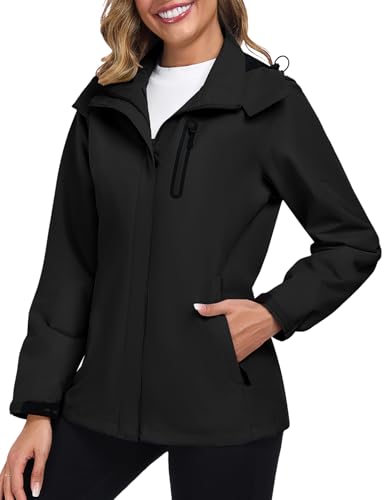 UMIPUBO Regenjacke Damen Wasserdicht Jacke Winddicht Softshell Outdoor Dünne Leichte Atmungsaktiv Mesh Futter Kapuze Abnehmbare Kurzmantel Wandern von UMIPUBO