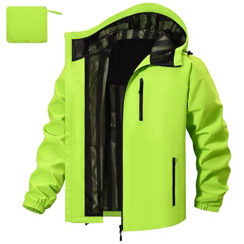 UMIPUBO Regenjacke Herren Wasserdicht Outdoorjacke Mit Kapuze Leicht Atmungsaktiv Dünne Rain Jacket Windbreaker Reflektierend Fahrradjacke Wanderjacke Übergangsjacke Laufjacke(Fluoreszierendes Grün,M) von UMIPUBO