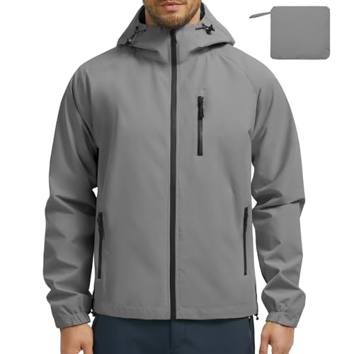 UMIPUBO Regenjacke Herren Wasserdicht Outdoorjacke Mit Kapuze Leicht Atmungsaktiv Dünne Rain Jacket Windbreaker Reflektierend Fahrradjacke Wanderjacke Übergangsjacke Laufjacke(Grau,M) von UMIPUBO