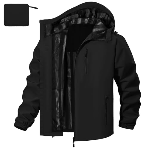 UMIPUBO Regenjacke Herren Wasserdicht Outdoorjacke Mit Kapuze Leicht Atmungsaktiv Dünne Rain Jacket Windbreaker Reflektierend Fahrradjacke Wanderjacke Übergangsjacke Laufjacke(Schwarz,L) von UMIPUBO