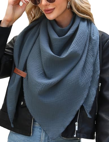 UMIPUBO Schal Damen Baumwolle Musselin Halstuch Dreiecksschal Dreieckstuch Herbst Unifarben Schal Halten Sie Warm Musselintuch Bequem Groß Elegant Leicht Scarf Damen Stola 190x80cm, Blau von UMIPUBO