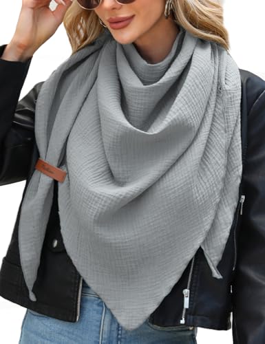 UMIPUBO Schal Damen Baumwolle Musselin Halstuch Dreiecksschal Dreieckstuch Herbst Unifarben Schal Halten Sie Warm Musselintuch Bequem Groß Elegant Leicht Scarf Damen Stola 190x80cm, Grau von UMIPUBO