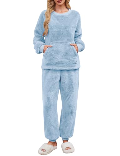 UMIPUBO Schlafanzug Damen Lang Pyjama Set Winter Thermo Fleece Kuschelig Hausanzug Weich Flauschig Locker Nachtwäsche Zweiteiliger Oberteile Langarm mit Warm Hosen Loungewear PJS Frauen (Blau, XXL) von UMIPUBO
