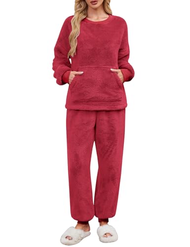 UMIPUBO Schlafanzug Damen Lang Pyjama Set Winter Thermo Fleece Kuschelig Hausanzug Weich Flauschig Locker Nachtwäsche Zweiteiliger Oberteile Langarm mit Warm Hosen Loungewear PJS Frauen (Weinrot, XXL) von UMIPUBO