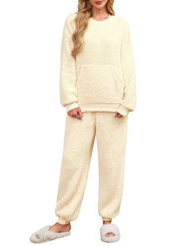 UMIPUBO Schlafanzug Damen Lang Pyjama Set Winter Thermo Fleece Kuschelig Hausanzug Weich Flauschig Locker Nachtwäsche Zweiteiliger Oberteile Langarm mit Warm Hosen Loungewear PJS für Frauen (Gelb, L) von UMIPUBO