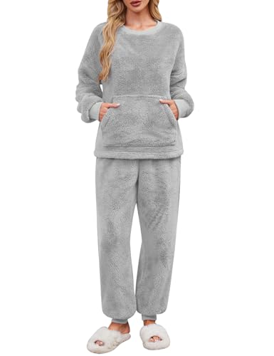 UMIPUBO Schlafanzug Damen Lang Pyjama Set Winter Thermo Fleece Kuschelig Hausanzug Weich Flauschig Locker Nachtwäsche Zweiteiliger Oberteile Langarm mit Warm Hosen Loungewear PJS für Frauen (Grau, S) von UMIPUBO