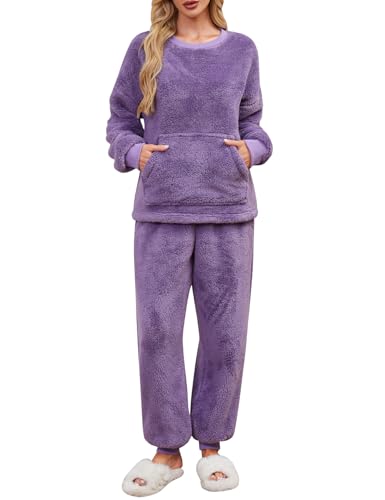 UMIPUBO Schlafanzug Damen Lang Pyjama Set Winter Thermo Fleece Kuschelig Hausanzug Weich Flauschig Locker Nachtwäsche Zweiteiliger Oberteile Langarm mit Warm Hosen Loungewear PJS für Frauen (Lila, XL) von UMIPUBO