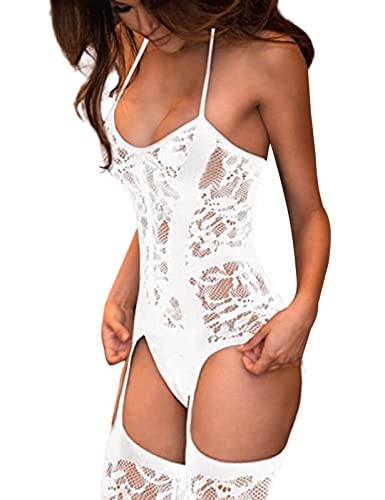 UMIPUBO Sexy Einteiler Dessous Damen Unterwäsche Teddy Babydoll Bodysuit Aushöhlen Sexy Lingerie Open Crotch Nachtwäsche (Weiß) von UMIPUBO