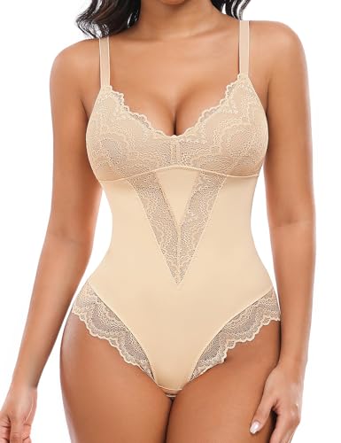 UMIPUBO Shapewear Damen Bauchweg Body Shaper Figurenformend V-Ausschnitt Bodysuits Women mit Miederslips Tanga String Shaping Leicht Miederbody Formende Formbody Unterwäsche (Haut, S) von UMIPUBO