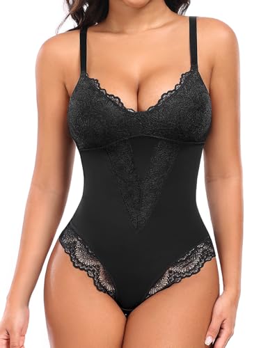 UMIPUBO Shapewear Damen Bauchweg Body Shaper Figurenformend V-Ausschnitt Bodysuits Women mit Miederslips Tanga String Shaping Leicht Miederbody Formende Formbody Unterwäsche (Schwarz, M) von UMIPUBO