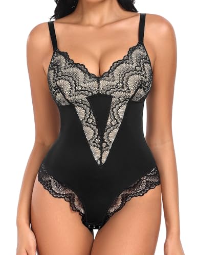 UMIPUBO Shapewear Damen Bauchweg Body Shaper Figurenformend V-Ausschnitt Bodysuits Women mit Miederslips Tanga String Shaping Leicht Miederbody Formende Formbody Unterwäsche (Schwarz & Haut, XL) von UMIPUBO