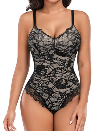 UMIPUBO Shapewear Damen Bauchweg Body Shaper Formend Miederbody Spitze Bodysuit Sculpting Korsett Figurformende V-Ausschnitt Unterwäsche mit Verstellbare Träger (Schwarz & Beige, S) von UMIPUBO