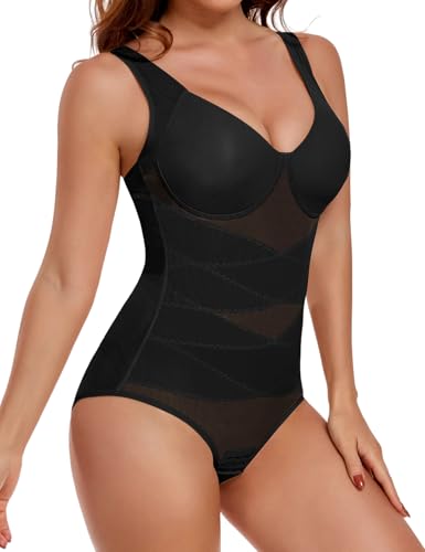 UMIPUBO Shapewear Damen Body Shaper Bauchweg Bodysuit Formender Nahtlose Formend Elastizität Shaping Body Mesh Atmungsaktiv Miederbody Figurformende Taillenmieder Mit V-Ausschnitt BH (Schwarz, M) von UMIPUBO