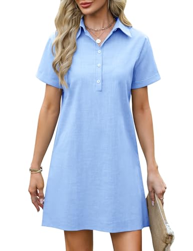 UMIPUBO Sommerkleid Damen Baumwolle Musselin Kleider Blusenkleid V-Ausschnitt Freizeit Strandkleid Leicht Kurzarm Kleid Elegante Sommer A-Linie Midikleid mit Taschen (Blau, L) von UMIPUBO
