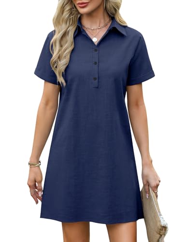 UMIPUBO Sommerkleid Damen Baumwolle Musselin Kleider Blusenkleid V-Ausschnitt Freizeit Strandkleid Leicht Kurzarm Kleid Elegante Sommer A-Linie Midikleid mit Taschen (Marineblau, L) von UMIPUBO