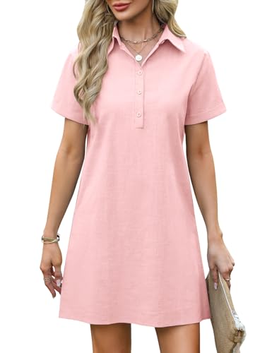 UMIPUBO Sommerkleid Damen Baumwolle Musselin Kleider Blusenkleid V-Ausschnitt Freizeit Strandkleid Leicht Kurzarm Kleid Elegante Sommer A-Linie Midikleid mit Taschen (Rosa, S) von UMIPUBO