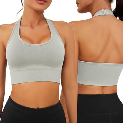 UMIPUBO Sport BH Damen Neckholder Rückenfrei Fitness Yoga Bra Einstellbar Push Up Ohne Bügel BH Große Brüste Gepolstert Bustier(Grau,S) von UMIPUBO