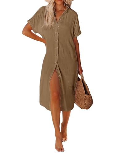 UMIPUBO Strandkleid Damen Lang Badeanzug Bikini Cover Up Strandtunika V-Ausschnitt Kurzarm Sommerkleid Beachwear Strandmode(Braun,S) von UMIPUBO