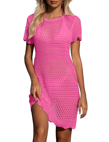 UMIPUBO Strandkleider Damen Sommer Gestrickte Mesh Badeanzug Bikini Cover Up Sexy Crochet Strandkleid Kurze Kleid(Rosenrot,L) von UMIPUBO