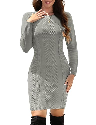 UMIPUBO Strickkleid Damen Herbst Winter Pulloverkleid Langarm Warm Rundkragen Winterkleid Elegant Kleider Freizeit Minikleid(Grau,M) von UMIPUBO