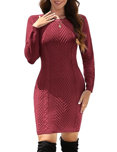 UMIPUBO Strickkleid Damen Herbst Winter Pulloverkleid Langarm Warm Rundkragen Winterkleid Elegant Kleider Freizeit Minikleid(Rotwein,L) von UMIPUBO