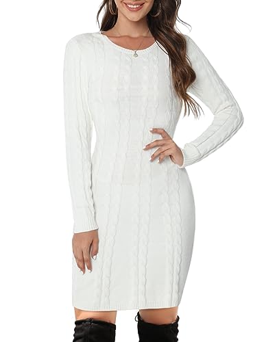UMIPUBO Strickkleid Damen Herbst Winter Pulloverkleid Langarm Warm Rundkragen Winterkleid Elegant Kleider Freizeit Minikleid(Weiß,M) von UMIPUBO