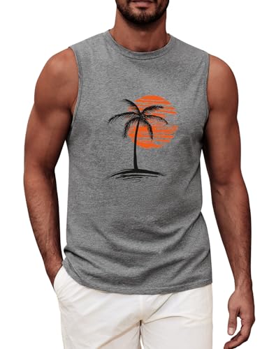 UMIPUBO Tank Top Herren Sommer Ärmellos Achselshirt Sport Muskelshirt Baumwolle Unterhemd Fit Workout Palme Gedruckt Strand Urlaub Männlich Lässig Leichtes Top(Grau B,XL) von UMIPUBO